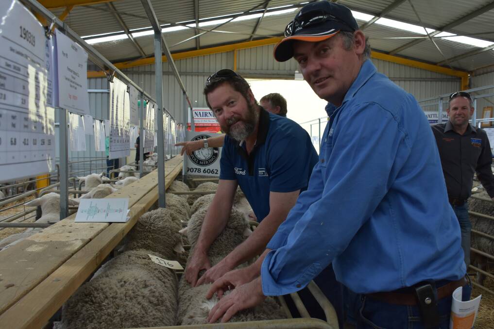 Penrose stud co-principal Bruce Pengilly (right), Cascade, with the stud's volume buyer Paul Ietto, Allannaluke Farms, Grass Patch, who purchased six rams at an average of $967.