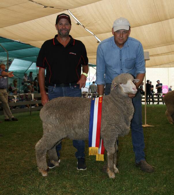 With the champion ewe lamb exhibited by the Belmont Park stud, Wagin, were class sponsor Todd Bein (left), Country Wide Insurance Brokers and Belmont Park stud co-principal Raymond Edward.