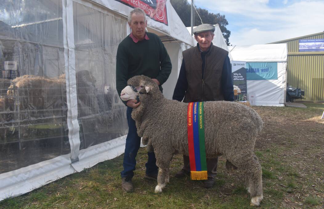 With the $51,000 Poll Merino sire from the Willandra stud, Jerilderie, New South Wales, which is headed to WA are Willandra's Craig Heath (left) and Ross Wells.
