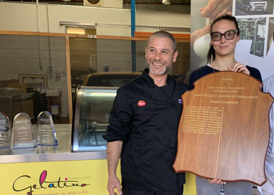 Gelatino owners Matteo Becocci (left) and Marica Matteini. Gelatino won the overall 2020 WA Grand Champion Dairy Product for its Goat Cheese and Figs ice-cream. The same product also won both the Champion Ice-Cream and Innovation Award and Gelatino products won four gold medals and two silvers.
