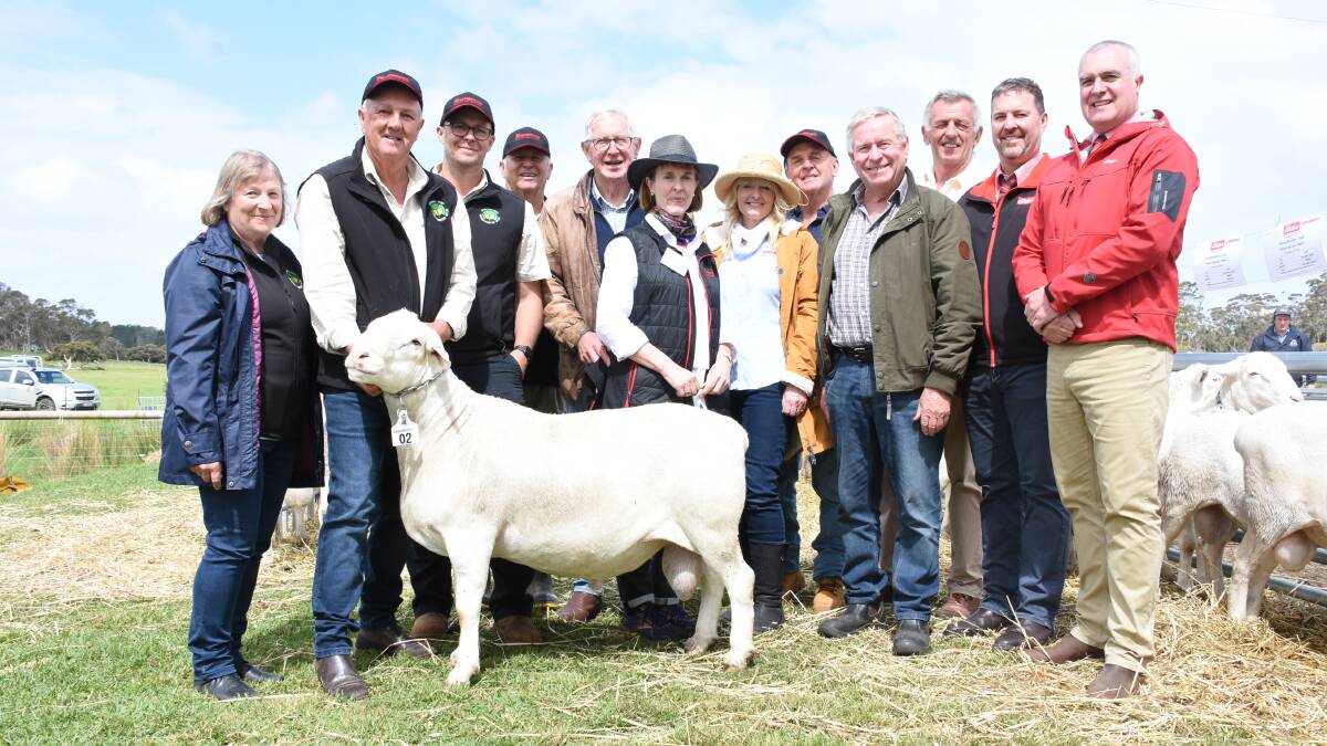 Rainbows Rest stud, Dongara and Walkaway, recently sold Monarch, the $90,000 top priced ram bought from last years Garnett National SheepMaster sale privately for $40,000 to Winton Park SheepMasters, Tamworth, New South Wales. With the ram at last years Garnett SheepMaster National sale were Rainbows Rest stud co-principals Geoff Crabb (left), Tristan and Des Reed with Garnett SheepMaster co-principals Neil Garnett, Alison Bannan and Suzi and Brian Bud Prater.