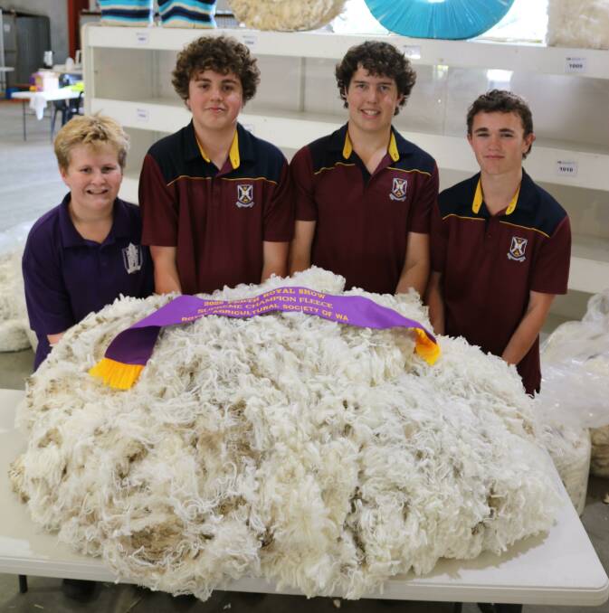 Scotch College year 9 students who helped out in the wool section during the judging were John McGinniss (left), Merredin, Gilby Lodge, Geraldton, Jarrod Coppin, Corrigin and Jayden Clarke, Goomalling.