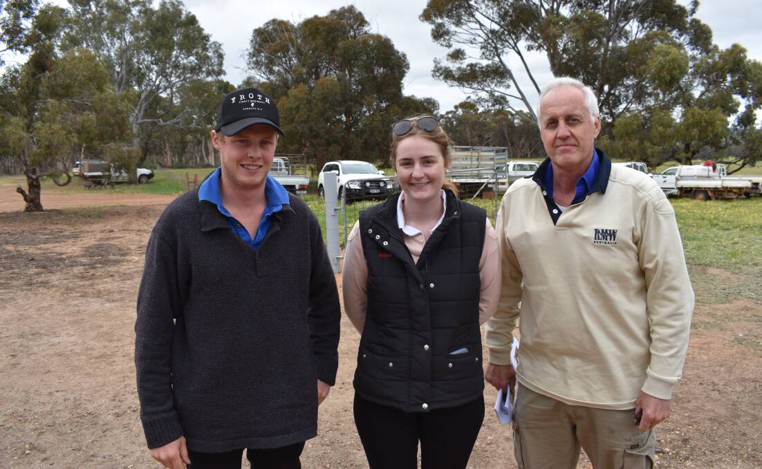 Andrew Mackie (left), Claire Dwyer, and Iain Mackie, Mackie Farms, Mt Barker, were the volume purchasers on the day with their successful bids on a total of 20 Maternal Composite rams.