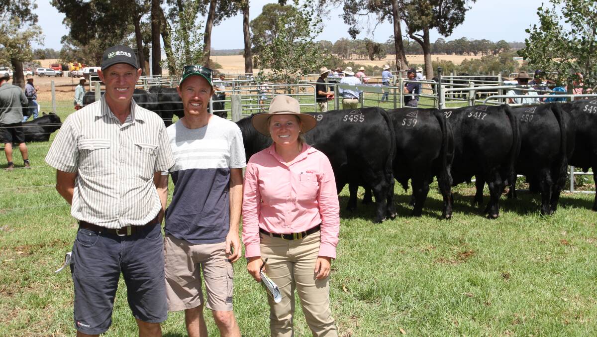 Buyers Ian (left) and Brenton Hopkins, HM & OE Hopkins, Chapman Hill and Elders trainee Emma Dougall inspecting the bulls before the Bonnydale sale. The Hopkins purchased the sale's $14,000 top-priced SimAngus bull, Bonnydale SA Matauri S449 (PP) (5/8 Black Simmental).