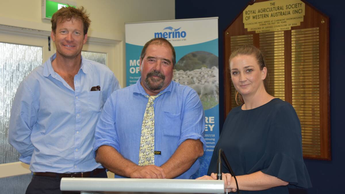 New Stud Merino Breeders' Association of WA committee member Kristen Lefroy (left), Cranmore Park stud, Walebing and association president Scott Pickering discuss the achievements of The Sheep Collective in the past 12 months with its founder and managing director of its newly-formed parent company The Livestock Collective Holly Ludeman who also spoke at the meeting.