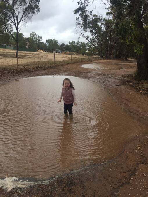 70mm fell in Moora and Pippa Bentley, 3, loved every drop. Photo by Sarah Stribley.