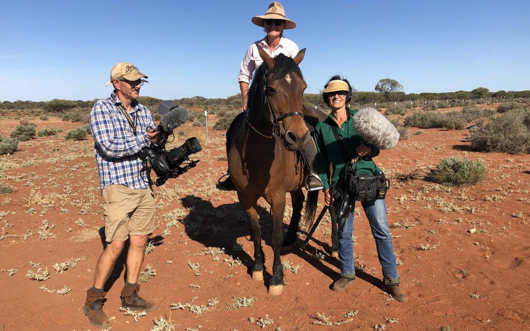 Film makers Carsten Orlt and Gisela Kaufmann (right) with farmer Debbie Dowden, from Challa station in the Mid West, who was featured in the first episode of the Visible Farmer documentary film series. Photo courtesy of Kaufamann Productions.