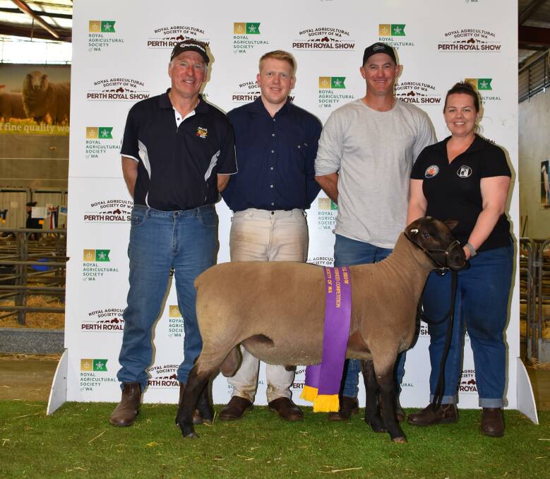 With the grand champion ASSBA ram a South Suffolk from the Iveston stud, Williams, were judges Jim Glover (left), Boyup Brook, Thomas O'Neill, Boyup Brook and Colin Holmes, Hyden and Iveston stud's Stacey Bingham.