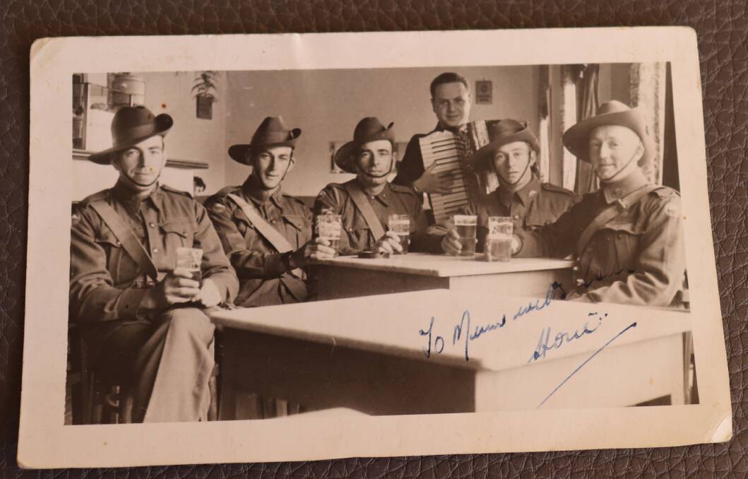 An undated photograph Bill Marchant (second left) sent back to his mother from Tel Aviv. A pencilled note on the back describes them as "Western Australian signallers from the 2/28 on leave in Tel Aviv" and lists their surnames as "White, Marchant, Tredrea, Delf, Stewart". While the others can be identified with some certainty, it is not clear whether Stewart in the picture is 'Sticky' Stewart who signed the Darnley Dixaline at Tobruk.