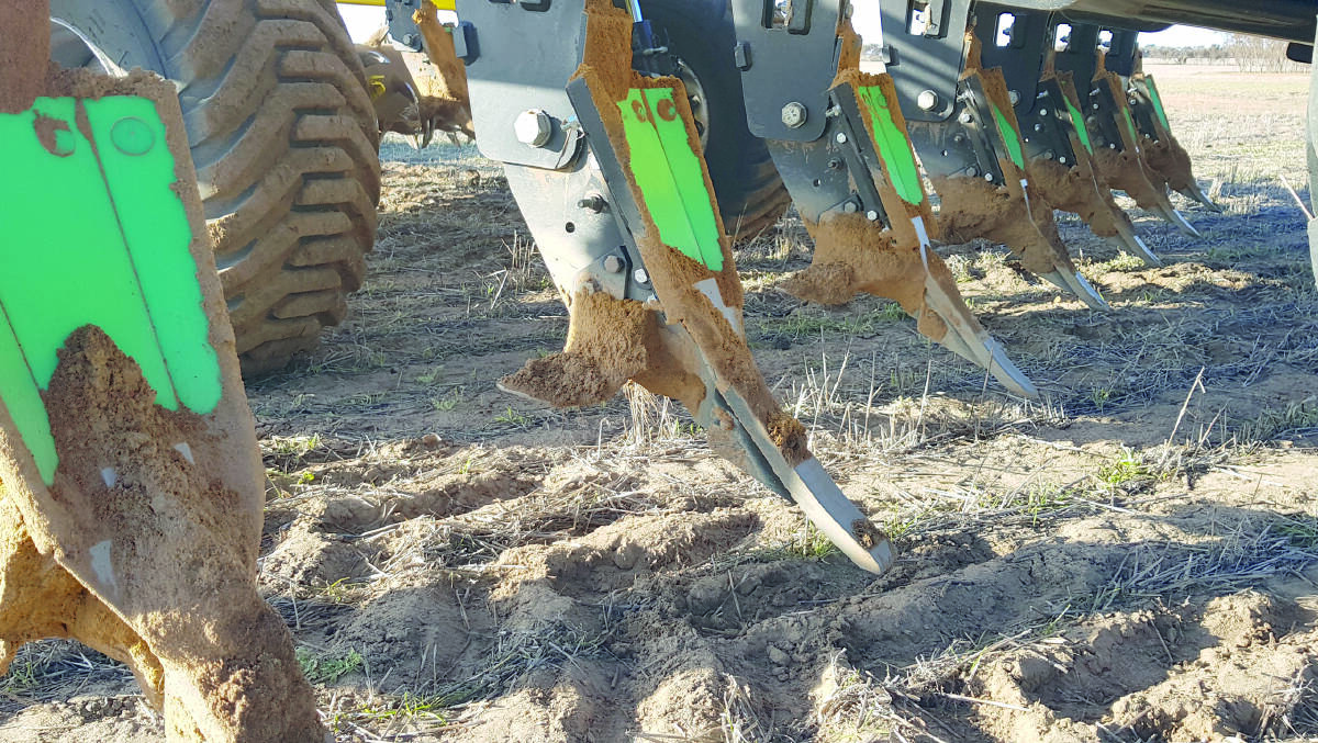 A close-up of the Terraland clay blades fitted on the back row of Tambellup farmer Rhys Brown's Terraland TO chisel plough.