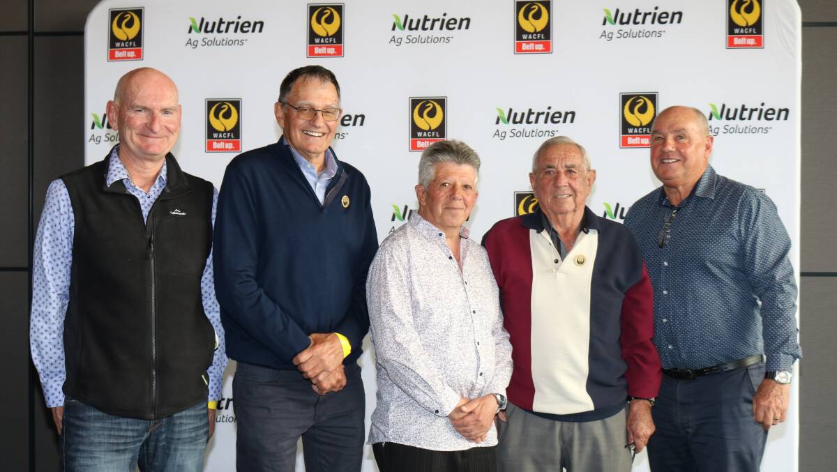  Enjoying catching up were South West Regional Development Council chairman Mark Blakely (left), WACFL life member Graeme Young, Kondinin, Dominic Frisina, Bunbury, WACFL life member and property manager Ben Ralph, South Perth and WACFL councillor and life member Tuck Waldron, Perth.