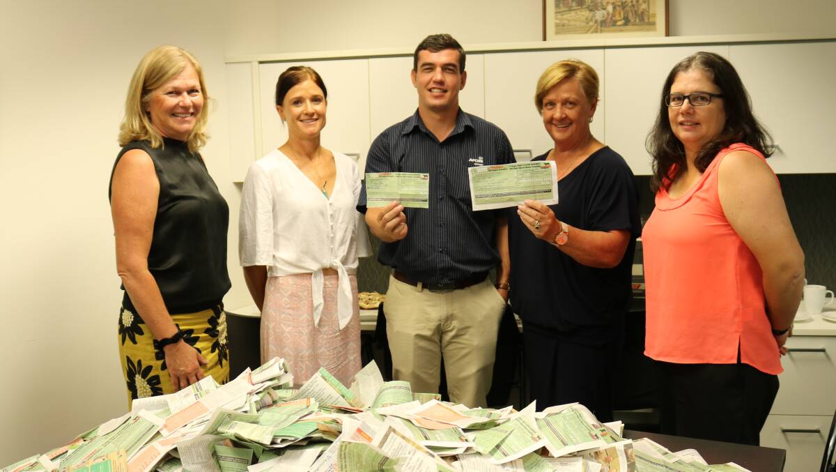 With the winner and runner-up tickets after the prize draw at Farm Weekly on Monday were WA Angus Society chairwoman Liz Sudlow (left), Northampton, Megan McCallum, Old Bambun Grazing, Gingin, AFGRI Equipment Australia marketing and small ag manager Jacques Coetzee, Irene Neville, Old Bambun Grazing, who drew the first prize winning ticket and Farm Weekly livestock manager Jodie Rintoul.