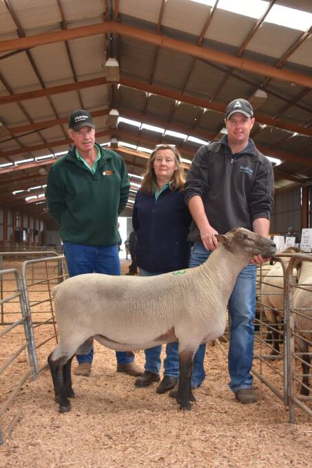 The top price at last week's Nutrien Livestock Mt Barker British Breed ram sale was $1050 paid twice for South Suffolk rams from the Windle Hill stud, Mt Barker. With one of the equal top-priced rams were Nutrien Livestock, Mt Barker agent Charlie Staite (left), buyer of both rams Viv Taylor, Mt Barker Transport, Mt Barker and Windle Hill stud principal Tim Beech.