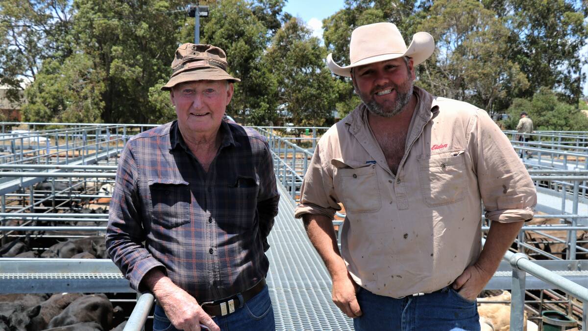  Arthur Stirling (left), Pemberton, with Elders Pemberton and Manjimup representative Brad McDonnell, Pemberton, before the store cattle sale. Mr Stirling sold Angus steers to $2081.