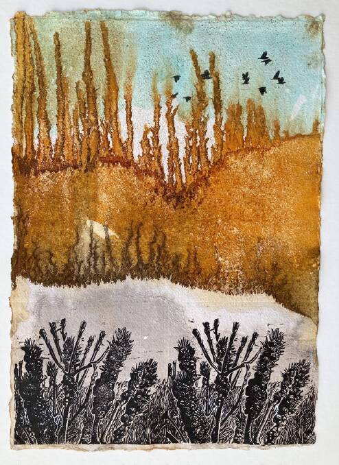  Titled 'The Stuggles of Banksia Montana, this artwork by Ms Robertson has been created by firstly 'rusting' the paper to create a background indicative of an Australian landscape caught in a bushfire. It has then been further rendered in coloured pencil to bring out the tree shapes that have been created as part of the rusting process. The lino cut images are taken from a photo of the endangered, burnt Banksia Montana. This plant exists in a secret location on the Stirling Ranges in South West Western Australia and is threatened by constant bushfire. The cockatoos have been created with a solvent transfer. Ms Robertson's work can be viewed at venue 24 in the program.