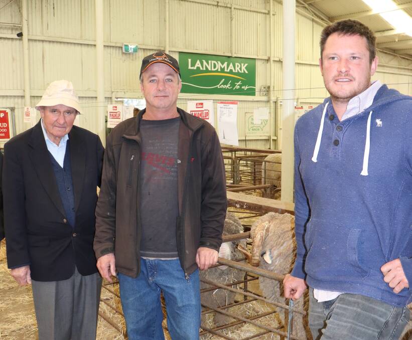 John Young (left) and his son John, Kondinin, discussed the Mianelup rams on display with Mianelup stud principal Elliot Richardson, Gnowangerup.