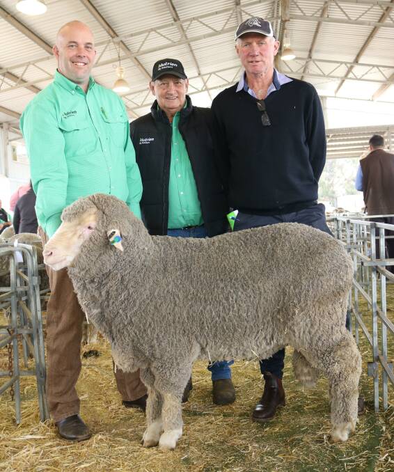  Culbin Park was the only Merino stud to improve its average from 2019, helped by this ram which sold for the stud's best price of $2800. With it were Nutrien Livestock's Ben Kealy (left), Williams and Wayne Fuchsbichler, Katanning, with Culbin Park principal John Higham, Williams.