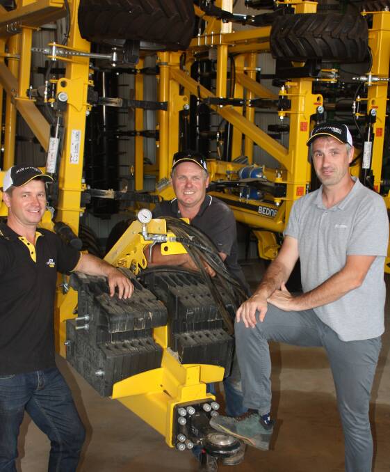 Bednar agent Grant Borgward (left), farm manager Brad West, Wongan Hills, and Bednar international sales manager Juraj Skolka, discuss the performance of the two Terraland chisel ploughs bought last month by local farmer Robert Sewell. 