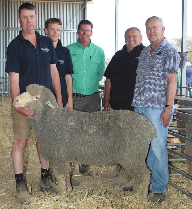 With the stud's $5100 record top-priced Poll Merino sire at Lukin Springs on-property ram sale were stud co-principal Paul (left) and son Harry Goerling, Nutrien Livestock Katanning agent and auctioneer Mark Warren, Nurtien Livestock Boyup Brook agent Geoff Daw and top price bidder Dean Griffiths, Wongan Hills, who was purchasing on behalf of his neighbour David Millsteed, Mocardy Poll Merino stud.