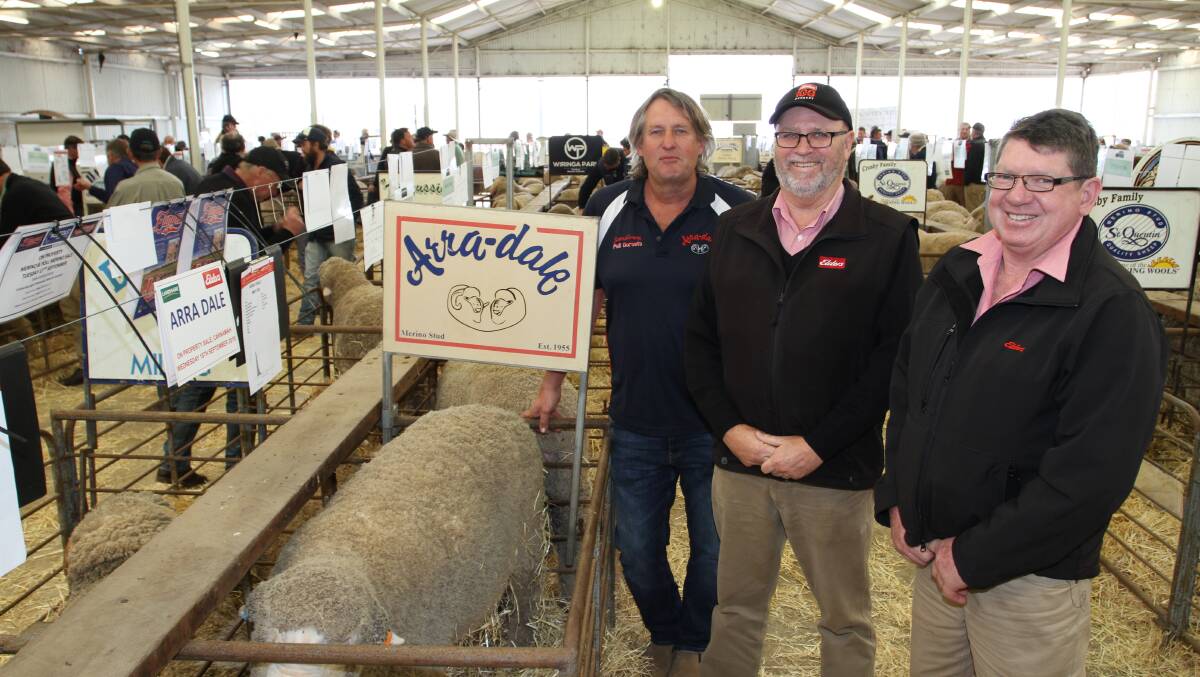  Arra-dale stud co-principal Les Sutherland (LEFT), Perenjori, pictured with Elders stud stock representatives Don Morgan and Michael O'Neill at his stud display.