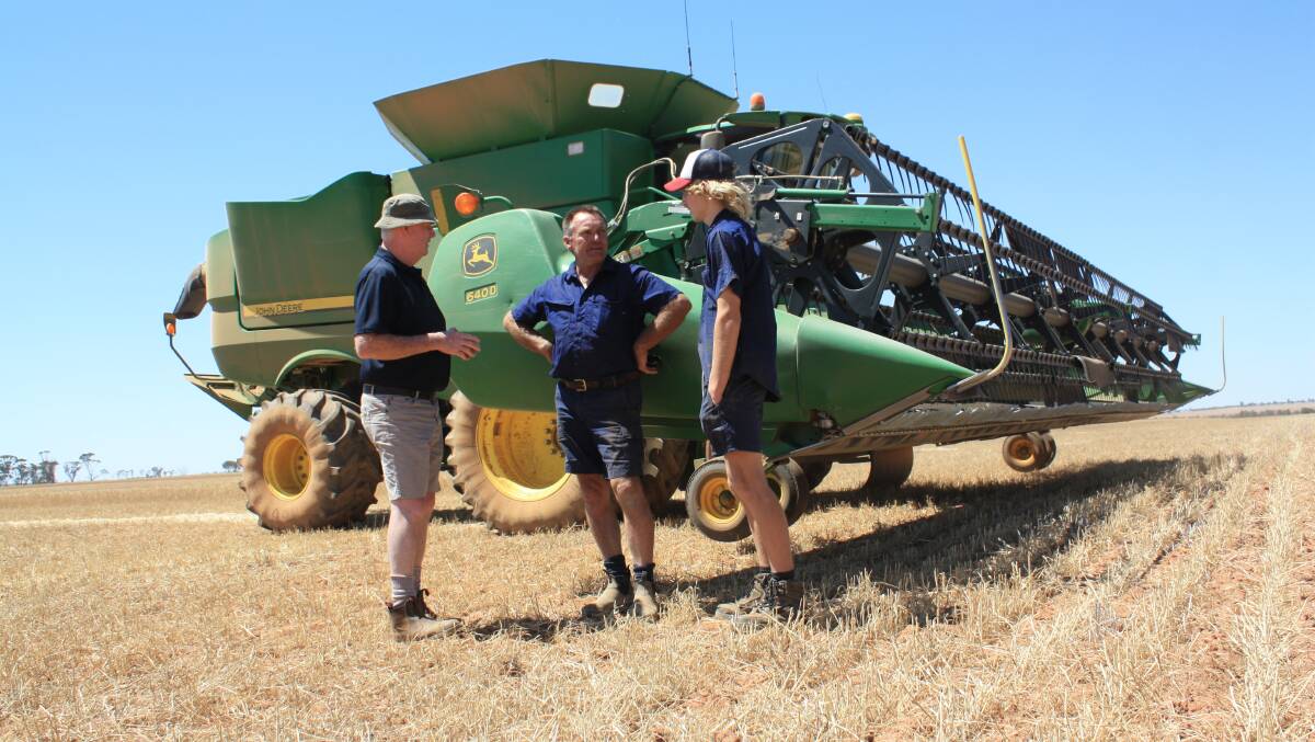 AFGRI Equipment salesman Ray Trinder (left) caught up with Dalwallinu farmers Paul Sutherland and his son Ben (on driving duty) last week as the Sutherlands reached about 40 per cent of the program, which they hope to finish by the first few weeks of next month. According to Paul, this paddock was yielding about 1.05 tonnes a hectare of Ninja wheat."We're sitting on an average of 1.1t/ha which isn't bad given the difficult finish," he said. "And the quality isn't that bad either considering we've only had 18 millimetres of growing season rainfall since the end of July." 
