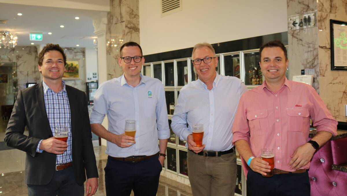 Guest speakers included Clear Grain Exchange managing director Nathan Cattle (left), with Planfarm consultant Tyson Fry and managing director Graeme McConnell and Elders senior real estate executive rural, Simon Cheetham