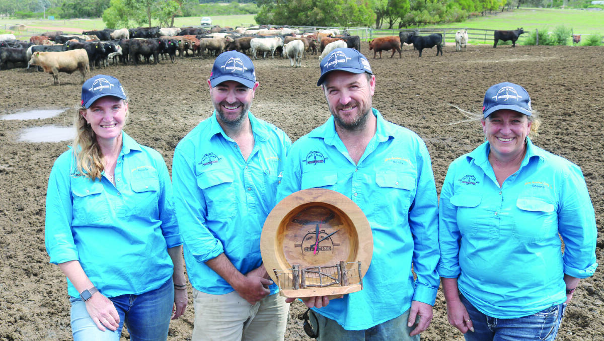 Harvey Beef Gate 2 Plate committee members, lotfeeder Narelle Lyon (left), president Jarrod Carroll, Sandy Lyon and co-ordinator Sheena Smith with this year's Harvey Beef Gate 2 Plate trophy at the Lyons Willyung feedlot, Albany.