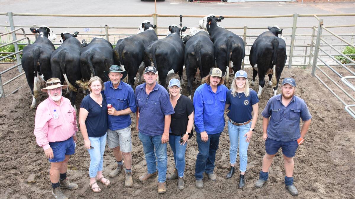 In the Hereford-Friesian run prices hit a high of $3000 twice for this pen of eight heifers and a pen of two red and white Hereford-Friesian heifers offered by the Roberts family, KS & EN Roberts & Son, Elgin, when they were both purchased by the Dunnet family, OM Dunnet & Co, Nannup. With the heifers are Elders, Capel representative and sale co-ordinator Rob Gibbings (left), vendors Loretta and Michael Roberts and buyers Kim, Kerrie and Jaymon Dunnet, Teagan McGregor and Andrew Stoddart, OM Dunnet & Co.