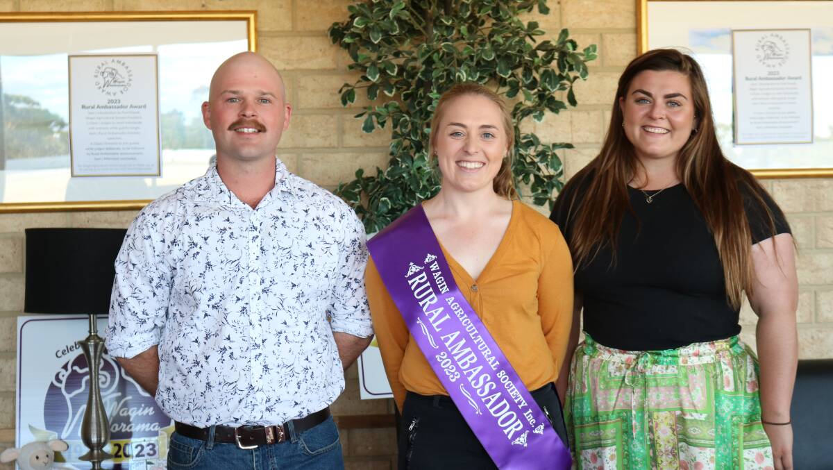 Nominees for the 2023 Wagin Woolorama Rural Ambassador award were local farmhand and diesel mechanic Jack Stallard, Rabobank relationship analysis representative Chloe Blight (centre), who was named the 2023 Ambassador and Grace Adams, who is working as a farmhand and studying a Bachelor of Education part-time.