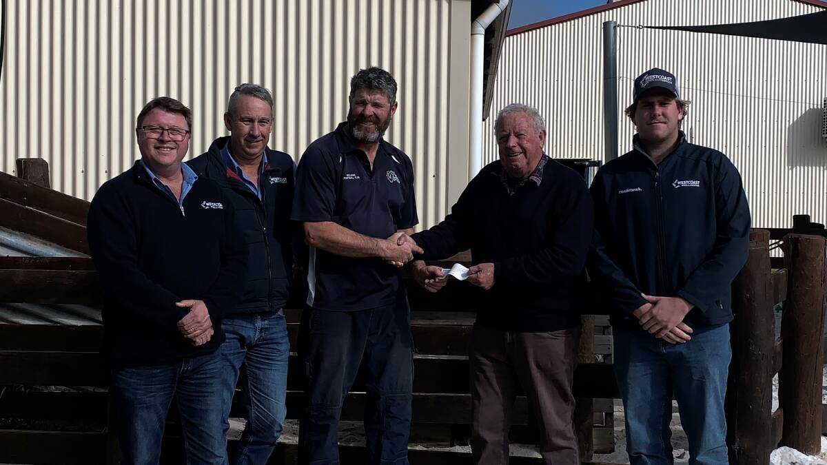 Members of the Westcoast Wool & Livestock team gathered in Williams to present cheques to the Williams Mens Shed and Williams Football Club following the success of the WA Country Football League Talk to a Mate Men's Wellbeing game played in June between Williams and Brookton/Pingelly. At the presentation were Westcoast Wool director Brad Faithfull (left), Westcoast Livestock general manager finance Geoff Geary, Williams Football club president Justin Duff, Williams Men Shed president Lawrance Rose and Westcoast Wool & Livestock Williams and surrounds representative Matt Tilbee.