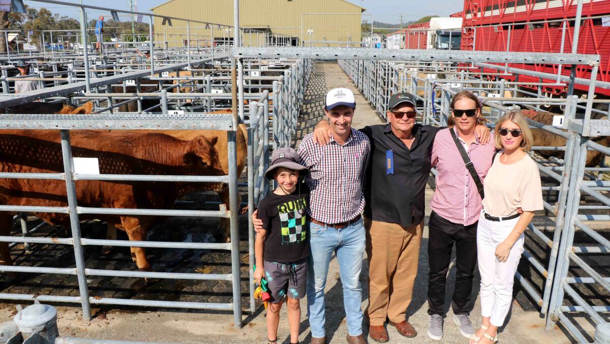 Patrick (left) and Campbell Nettleton, Harvey Beef, exhibitors Jim and Kristian Goodchild and Mia Campbell with the reserve champion steer that sold to Harvey Beef for $2481.