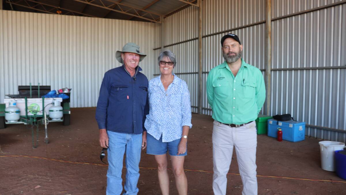 Happy vendors Sam and Beth Southcott with Nutrien Ag Solutions auctioneer and Dalwallinu branch manager Andrew Viola after the sale.