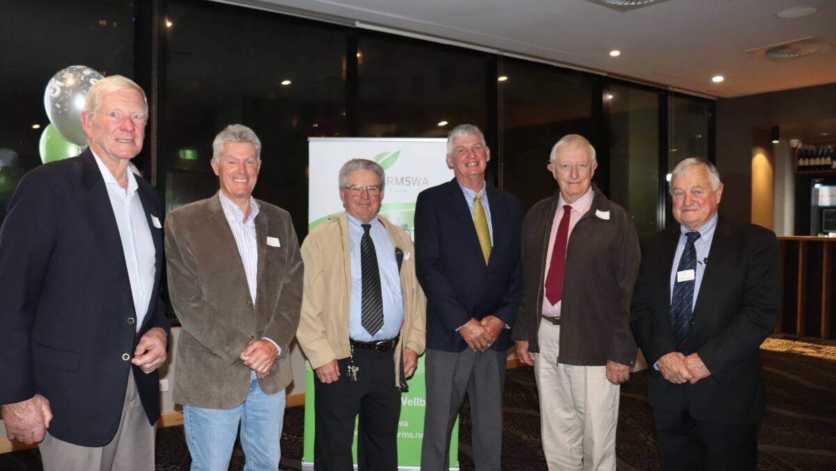 SafeFarms WA chairmen over the past 25 years, inaugural chairman Don Sutherland (left), formerly of Yealering who also served for five years as Farmsafe Australia chairman with, in order, those who succeeded him, Tony Hiscock, Myalup, John McDougal, Esperance, Max Watts, Wandering, Tony Gooch, Bremer Bay, and current chairman Mike Norton at the 25th anniversary cerlebration.