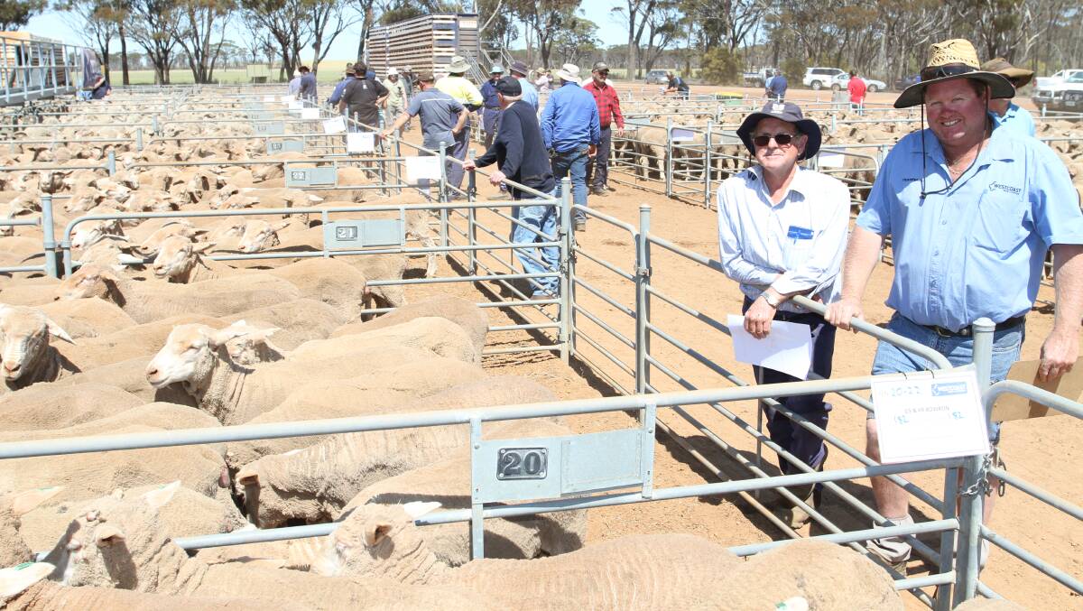 Vendor Geoff Bowron (left), Pingaring and Lincon Gangell, Westcoast Wool & Livestock, Hyden, with the 182 September shorn Kolindale and Strath-Haddon blood 1.5yo ewes that sold to a South Australian buyer through Jay MacDonald, AWN Livestock, for $191.