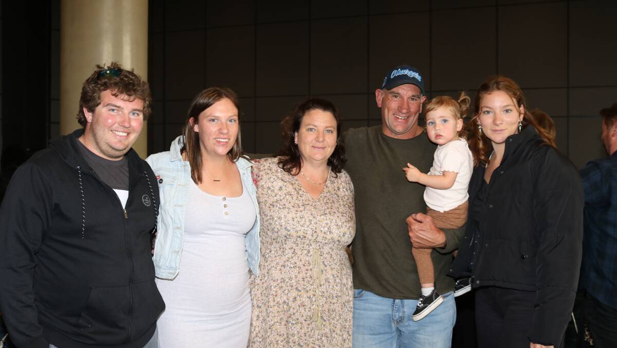 Supporting Ravensthorpe Football Club were Jeremy McLerie (left) and his partner Emily Green, Kalgoorlie, Emily's parents Nikki and Wayne Green, Albany, daughter Lacey McLerie, 18 months and sister Courtney Green, Perth.