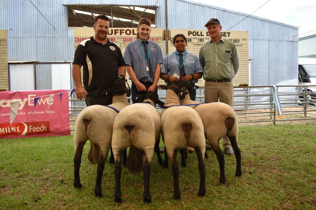 The winning Kalinda Suffolk stud group of two rams and two ewes that went on to win the coveted motorbike in the interbreed competition, with principal Matt Mitsopoulos (left), Boyanup and Esperance Farm Training Centre, students Corey McKeown, 15, and Aeishah Muir,16, with judge Ross Lane, Wongan Hills.