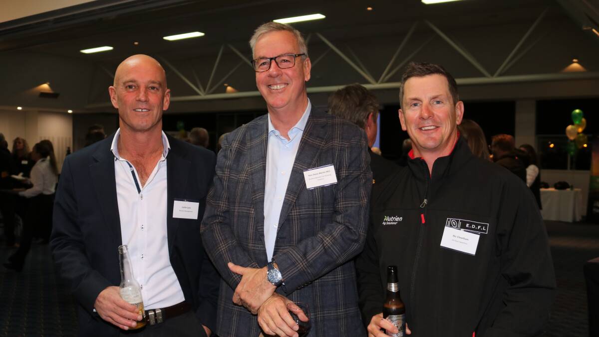 Nutrien Ag Solutions general manager south WA, Justin Lynn (left), with Member for the Agricultural Region Steve Martin and WACFL All Stars selector Nick Cheetham, Narembeen.