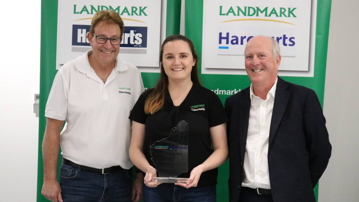The Landmark Harcourts encouragement award went to Jessica Scott, Merredin, presented by Landmark Harcourts real estate manager for west region, Glenn McTaggart (left) and sponsor, WA Property Lawyers principal Brian McCormack (right).