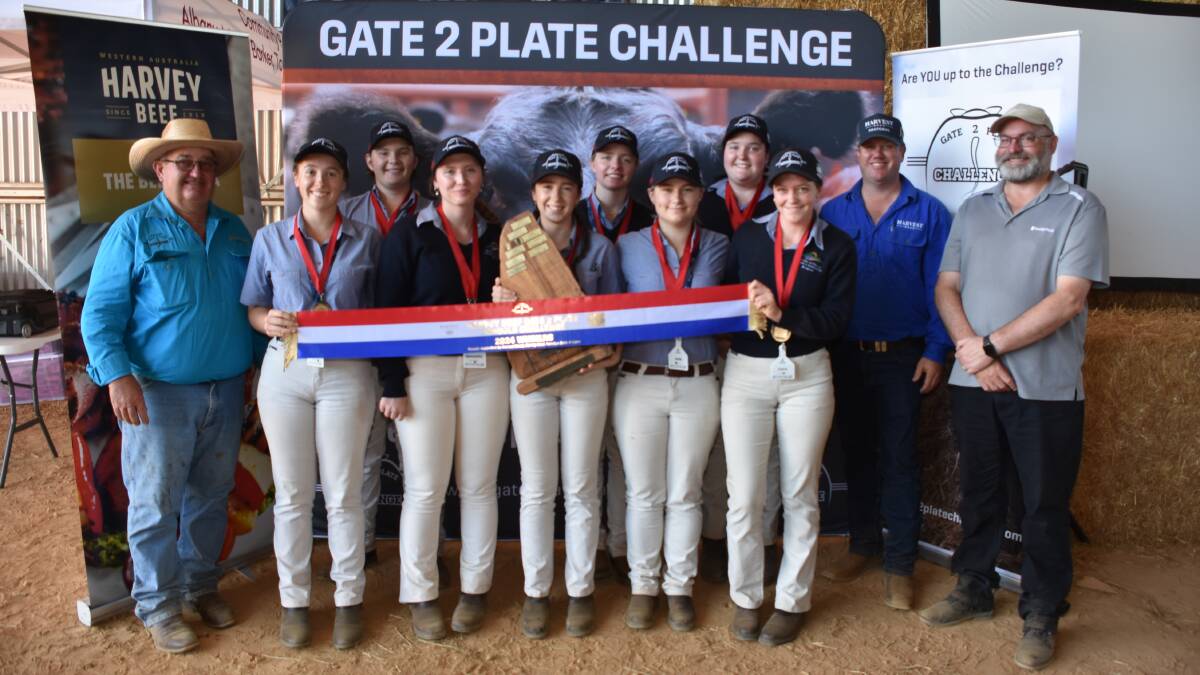 The overall winners of this years Harvey Beef Gate 2 Plate Schools Challenge was a team of year 12s from the WA College of Agriculture Denmark. The team of William Reid (back left), Bree Skinner, Lily Moody, Phoebe Mottram (front left), Samantha Wimpenny, Ayla McMaster, Jade Erasmus and Cara Jones were congratulated on their win by Gate 2 Plate Challenge president Wayne Mitchell, Harvey Road livestock manager Jonathon Green and Bendigo Bank Albany branch manager Gavin Boardley.