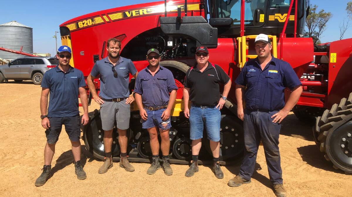 Checking out the new Versatile 620 tracked tractor are, from left, McIntosh & Son Geraldton precision ag specialist AJ De Klerk, McIntosh & Son Geraldton sales Craig Harrington, Walkaway farmer Tom Levett, PFG area manager Dave Rogers and McIntosh & Son Geraldton service technician Hayden Levy.