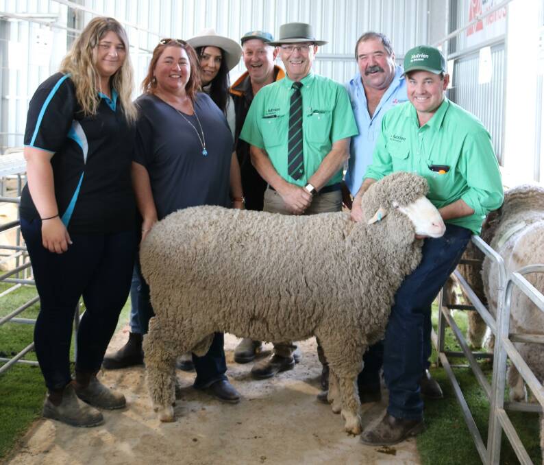 Cassidy (left) and Vanessa Whiting, Munglinup, with friend Kristy Garbelini, Young River and Brad Whiting, bid the day's second top price of $3000 for this Poll Merino ram. With them were Nutrien Livestock Brindley & Chatley auctioneer Neil Brindley, Derella Downs and Pyramid Poll stud co-principal Scott Pickering, Cascade and Mitchell Crosby, Nutrien Livestock Breeding.