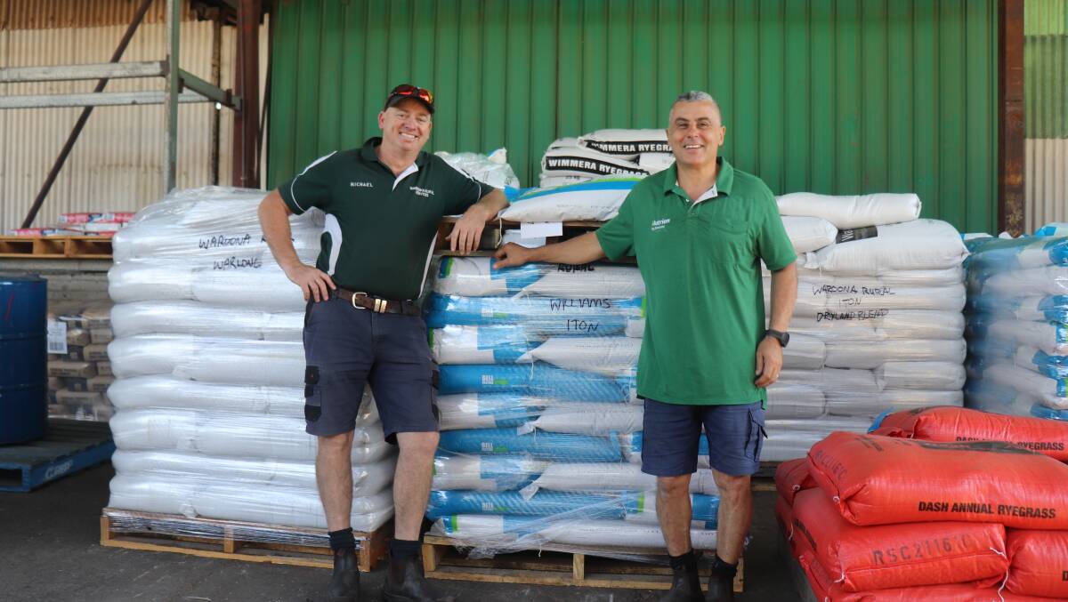 Michael Needs (left), who put the Waroona Rural Services pasture mix together, with Waroona Rural Services general manager and annual hay competition organiser Dominic Pizone.