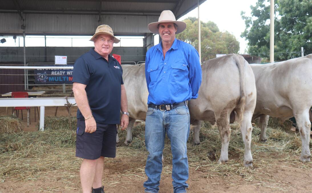 David Helfer from Clipex (left) and Clinton Wise looked over the bulls on offer at the Southend annual bull sale at Katanning.