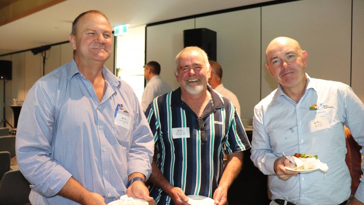 Lance Stubberfield (left), CSBP, Northcliffe dairy farmer Brian Armstrong and Western Dairy's effluent systems project officer Dan Parnell.