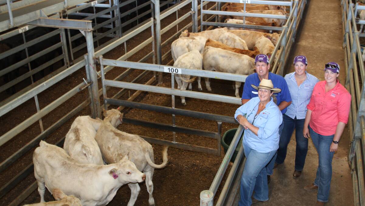Robin (front left), Kevin, Morgan and Jess Yost, Culham Grazing Company and Liberty Charolais stud, Toodyay, sold Charolais cross steers at the sale to tops of $1413 and 438c/kg.