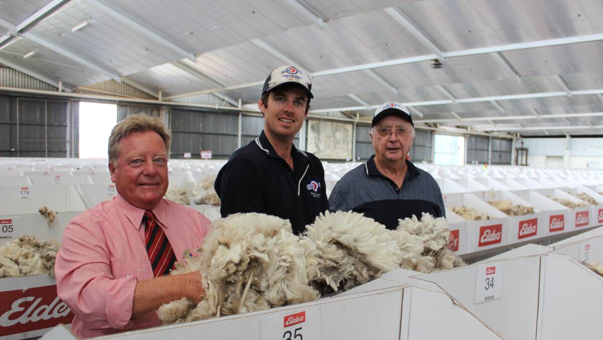 Elders wool broker Tim Burgess (left), Kolindale Merino and Poll Merino studco-principal Luke Ledwith and Kolindale founder Colin Lewis on the show floor inspecting the stylish Kolindale weaner wool which sold for up to 1631 cents a kilogram greasy in February. Mr Lewis remains a consultant after selling the stud to the Ledwith family in 2007.