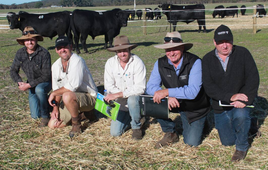 With the $9000 top price bull (lot 33), sold at last week's Lawsons Angus Albany yearling bull sale were buyer David Richardson (left), Kentdale Grazing, Denmark, Lawsons Angus Albany representative Bevan Ravenhill, buyer Andrew Richardson, Kentdale Grazing, conducting agent Colin Thexton, Independent Rural Agents, Pemberton and Harry Lawson, Lawsons Angus.