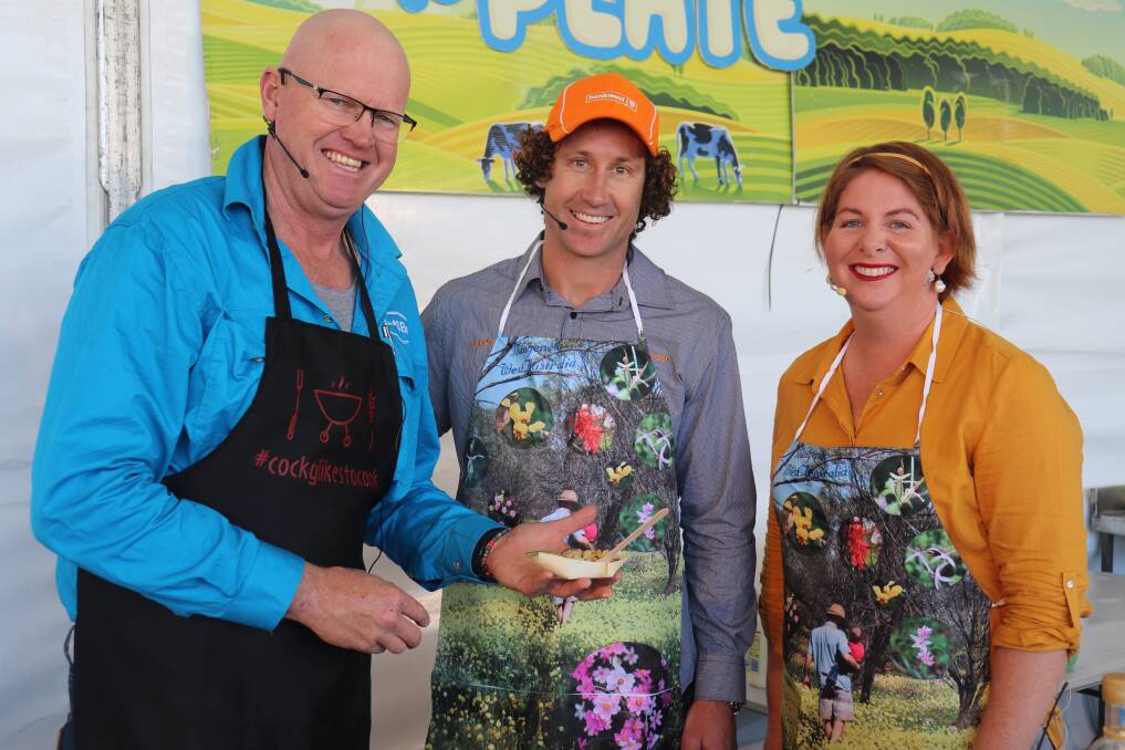 Watheroo farmer and Cocky Likes to Cook founder Brad Millsteed (left), former Eagles player Matt Priddis and Mingenew farmer and The Farmers Cook WA founder Fiona Cosgrove at the McIntosh & Son Mingenew Midwest Expo.