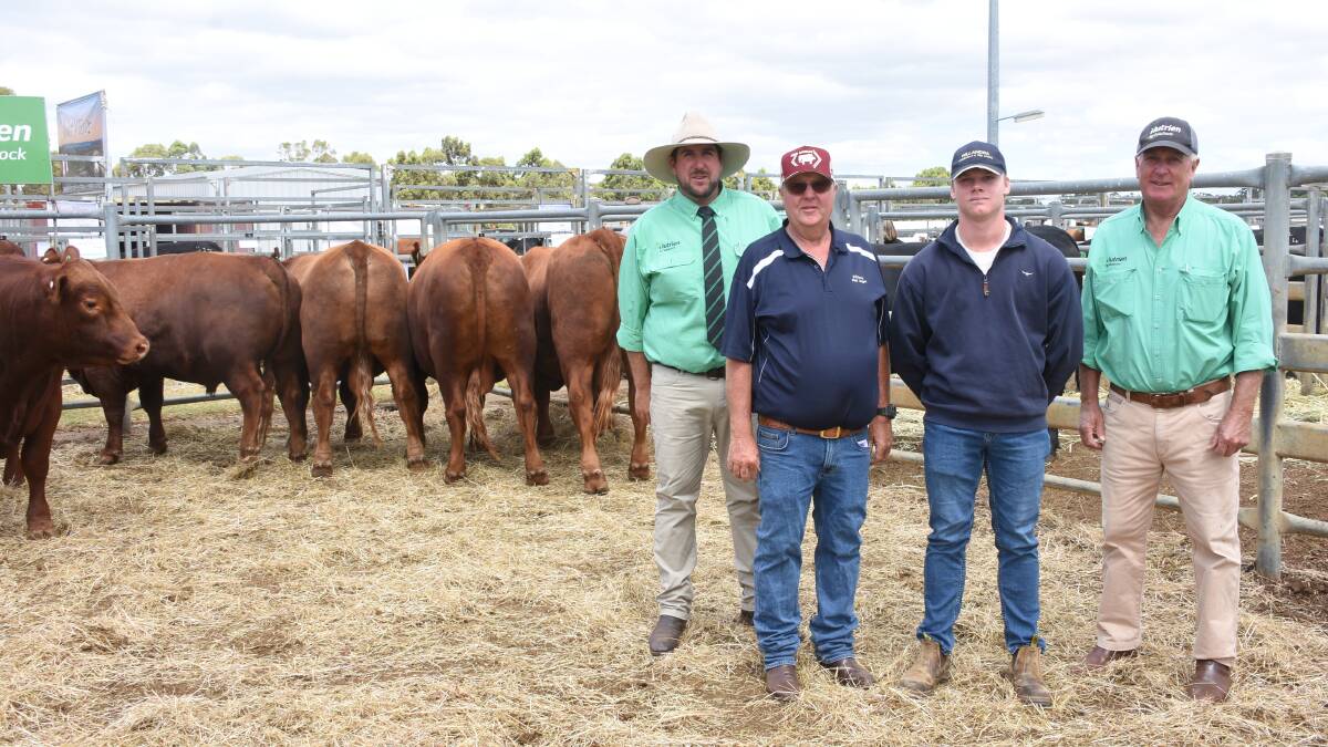 The Kildarra Red Angus stud, Forest Hill, offered and sold five bulls in the sale to a top of $6500 twice to the Willandra stud, Williams and DW Pilkington, Manypeaks. With the Kildarra team were Nutrien Livestock auctioneer and Mt Barker agent Jarrad Hubbard (left), Kildarra co-principal Graeme Smith, Charlie Cowcher, Willandra stud and Nutrien Livestock Great Southern manager Bob Pumphrey, who purchased for the Pilkingtons.