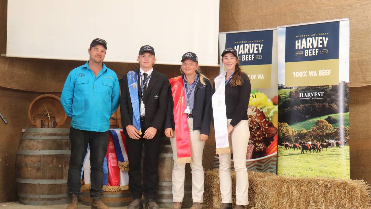 Local stockman Steve Moir (left) with the stock handling practical section winners. Winning the section was Josh Coole, WACOA Denmark (team one), Jorja Waters, WACOA Denmark (team two) was second and Brendan Quick, Great Southern Grammar came in third.